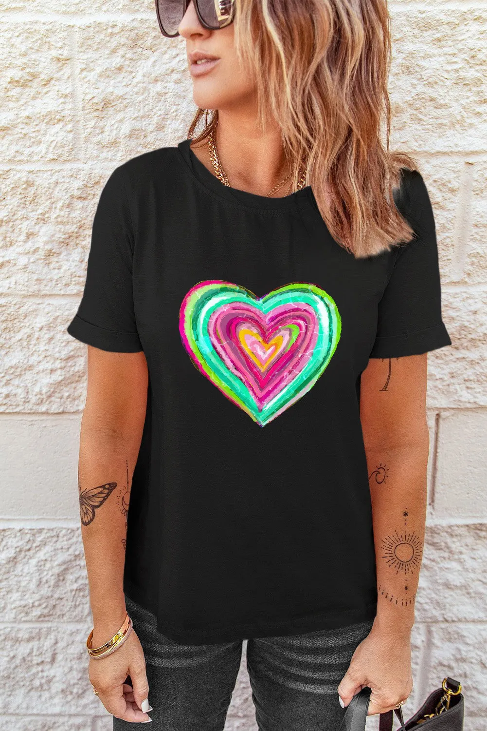Valentines Day Shirts Heart Shaped Print Crew Neck T Shirt