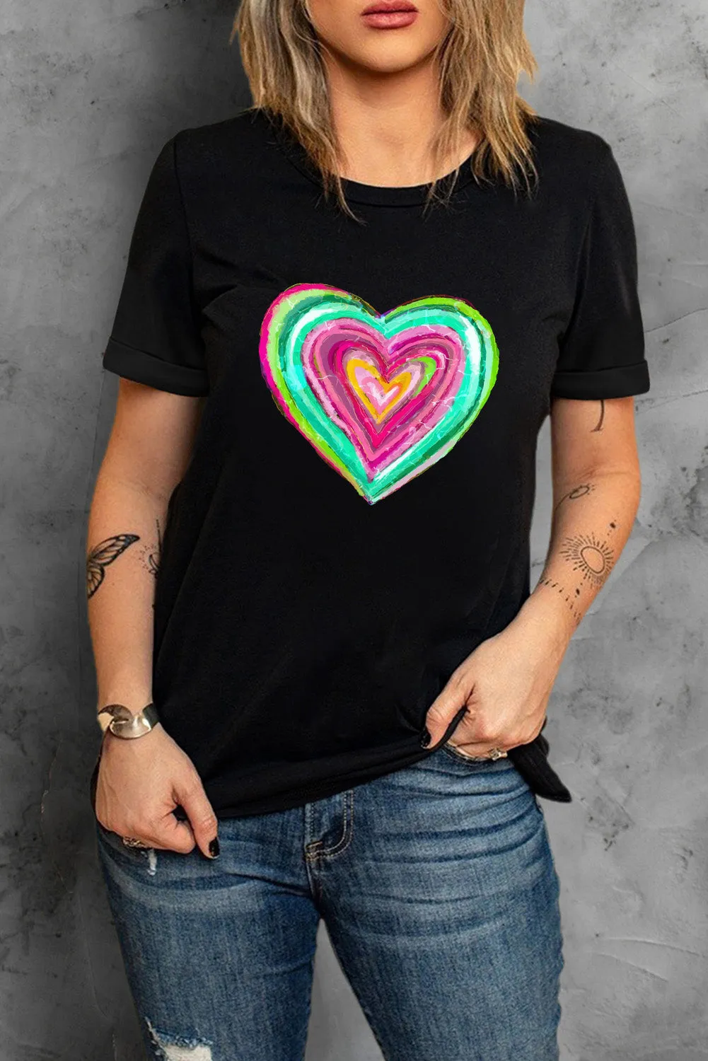 Valentines Day Shirts Heart Shaped Print Crew Neck T Shirt
