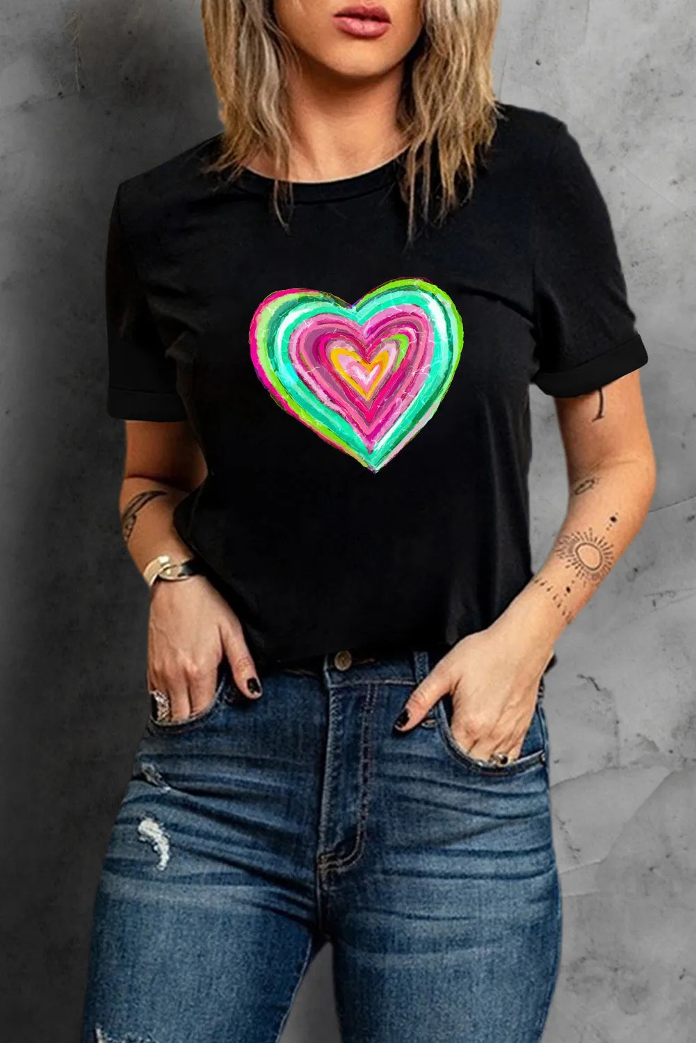 Valentines Day Shirts Heart Shaped Print Crew Neck T Shirt