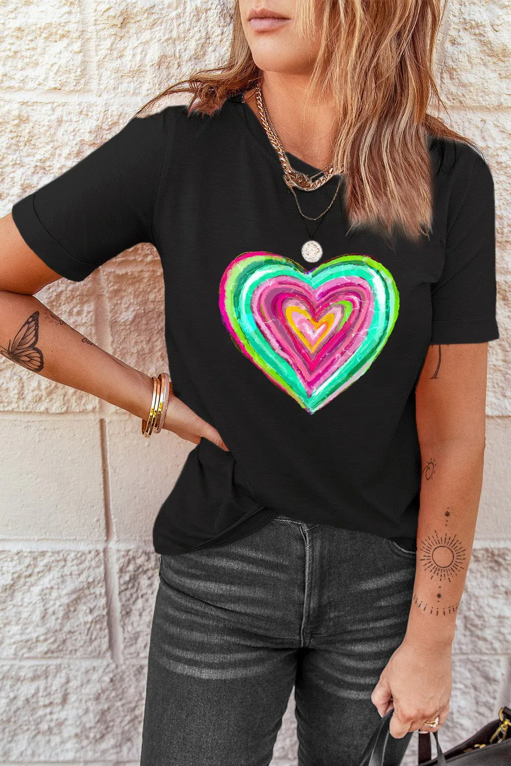 Valentines Day Shirts Heart Shaped Print Crew Neck T Shirt