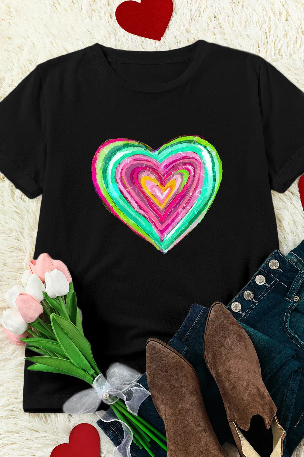 Valentines Day Shirts Heart Shaped Print Crew Neck T Shirt