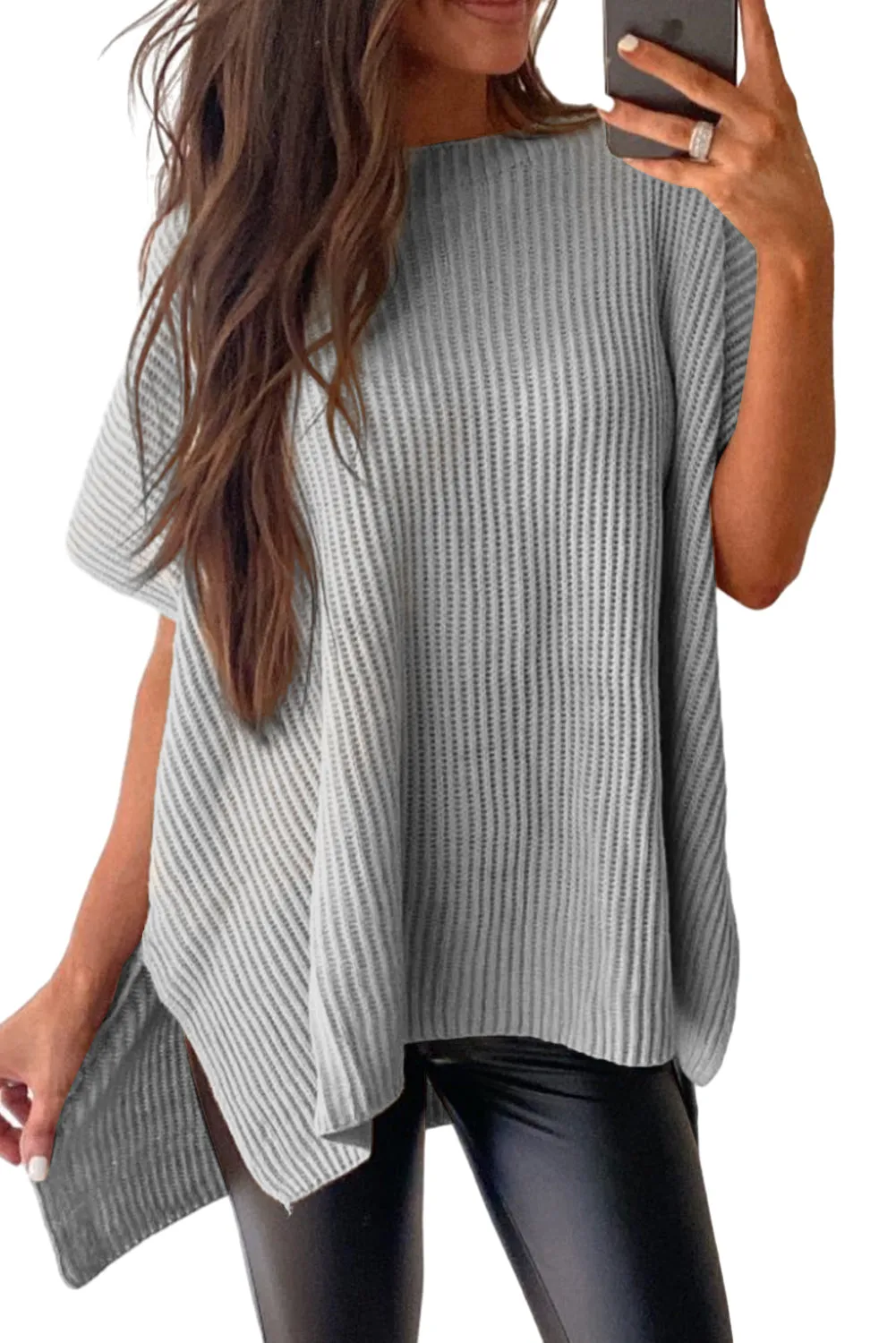 Wholesale Apricot Side Slit Short Sleeve Oversized Sweater
