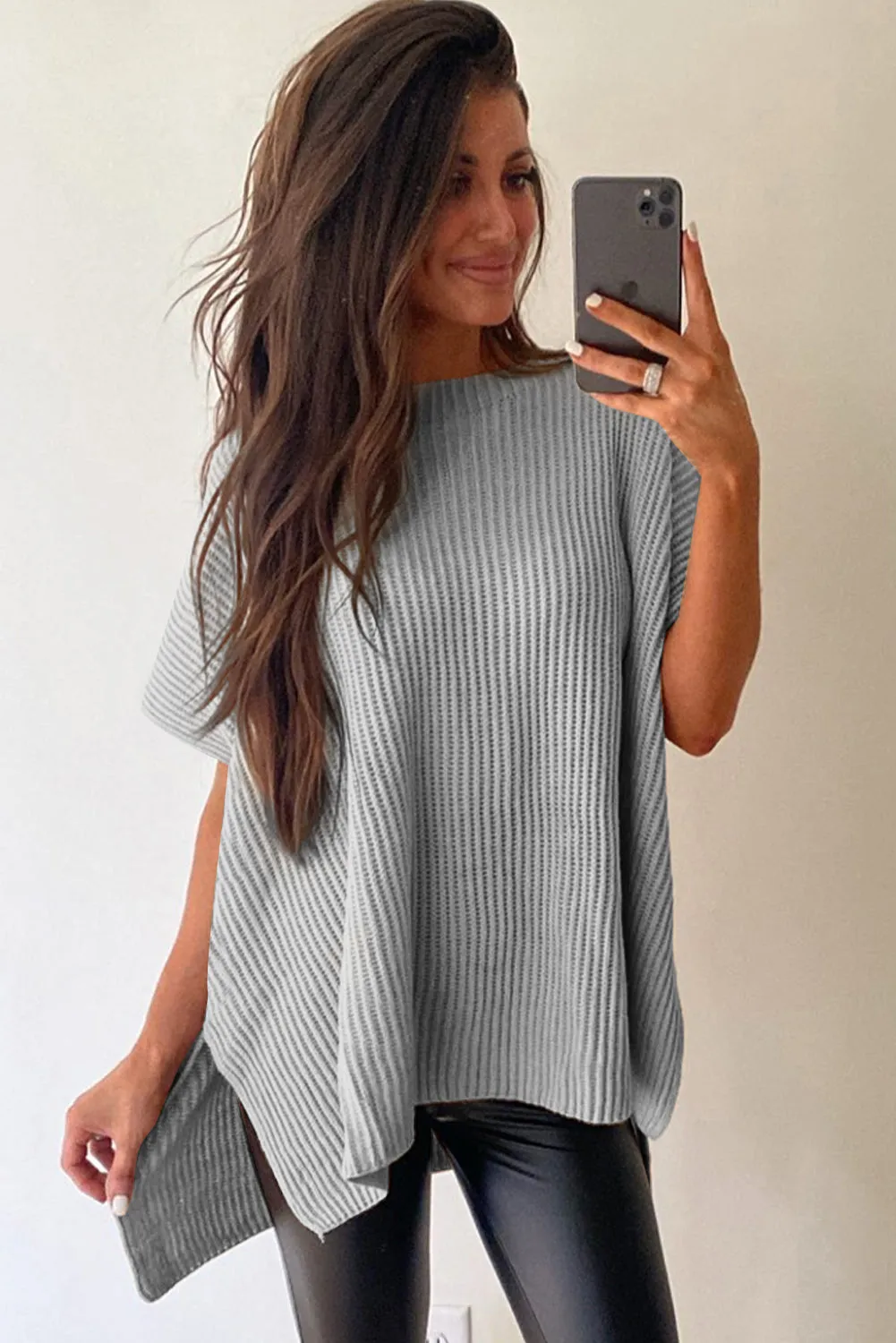 Wholesale Apricot Side Slit Short Sleeve Oversized Sweater