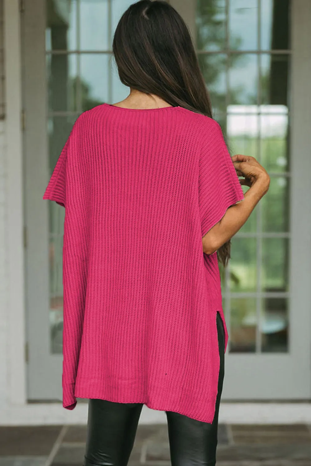 Wholesale Apricot Side Slit Short Sleeve Oversized Sweater