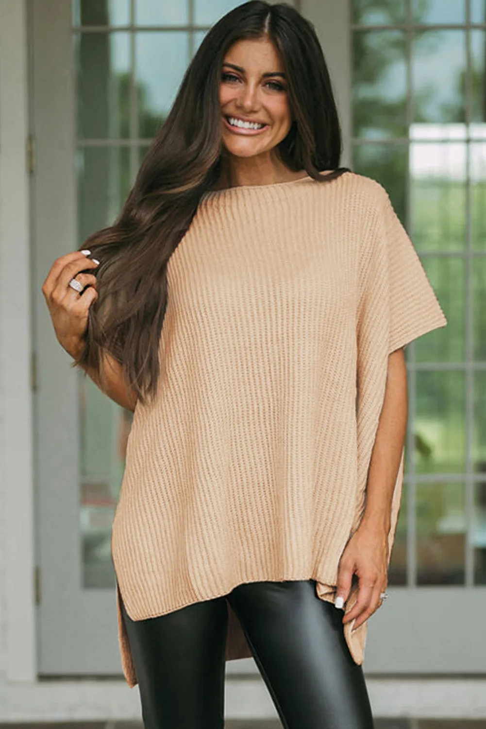 Wholesale Apricot Side Slit Short Sleeve Oversized Sweater