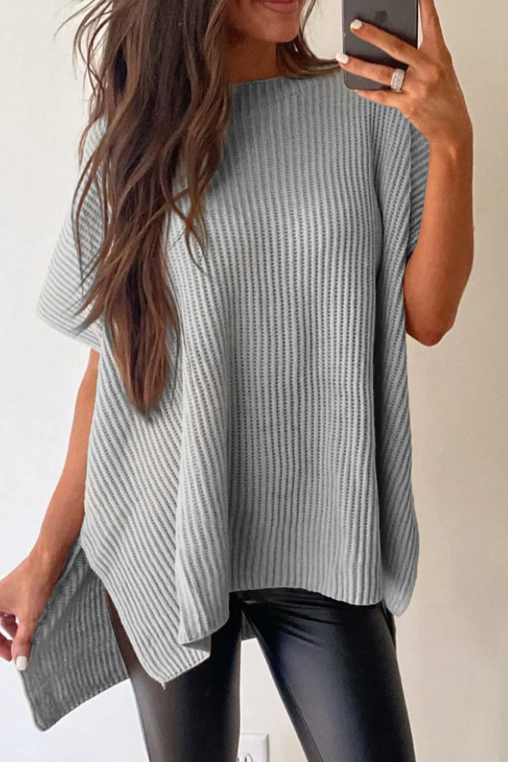 Wholesale Apricot Side Slit Short Sleeve Oversized Sweater