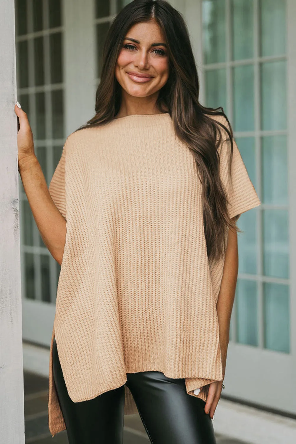 Wholesale Apricot Side Slit Short Sleeve Oversized Sweater