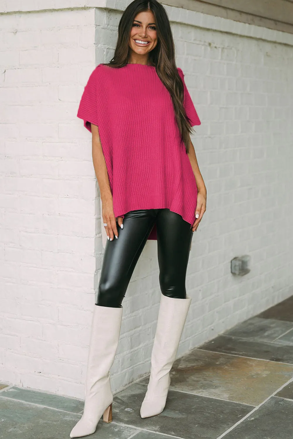Wholesale Apricot Side Slit Short Sleeve Oversized Sweater