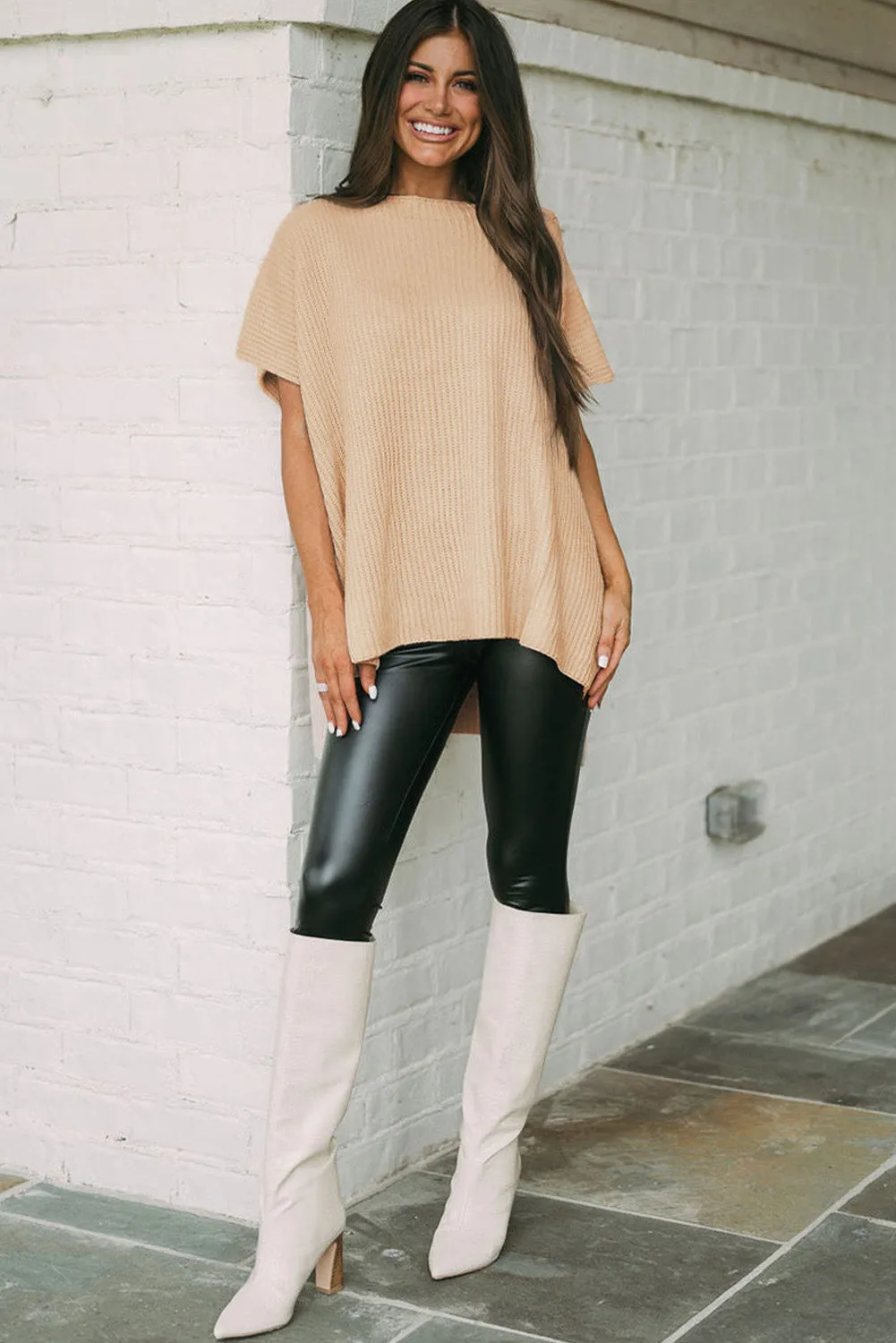 Wholesale Apricot Side Slit Short Sleeve Oversized Sweater