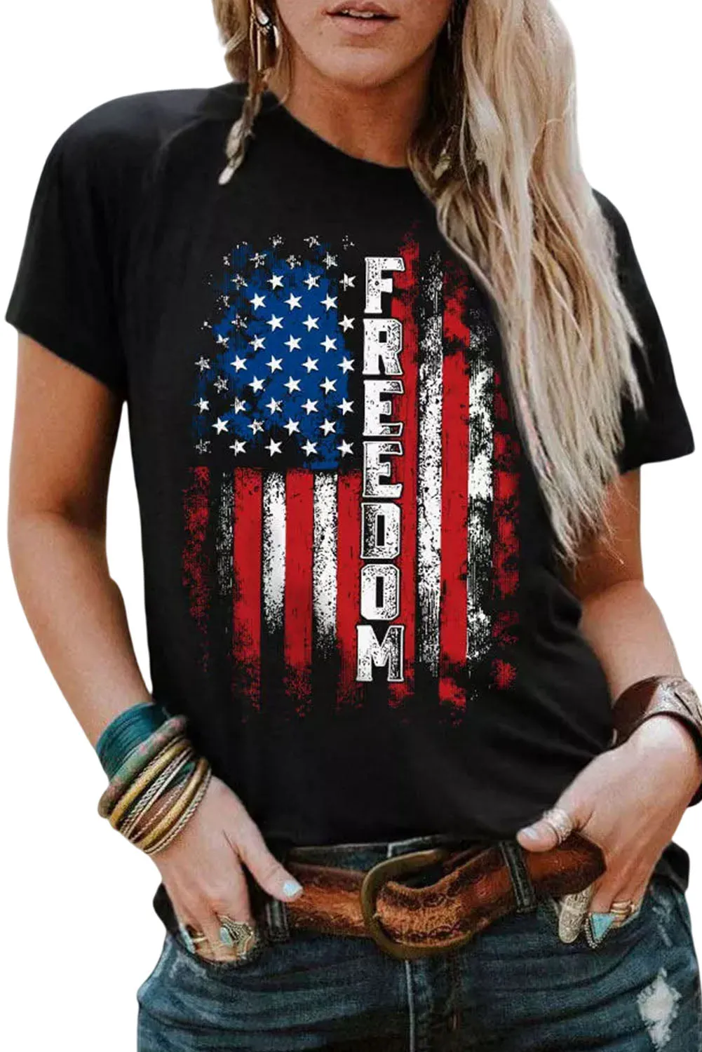 Womens FREEDOM American Flag Print Graphic T Shirt Short Sleeve Tops